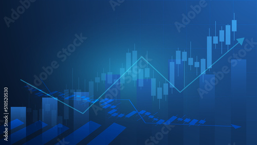 Financial business statistics with bar graph and candlestick chart show stock market price and effective earning on blue background