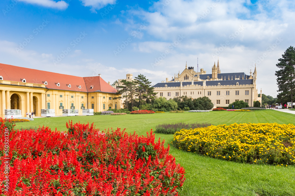 Red and ellow flowers in the garden of castle Lednice, Czech Republic
