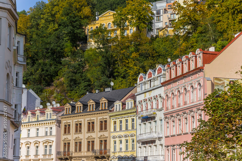 Colorful houses and fall colors in Karlovy Vary, Czech Republic