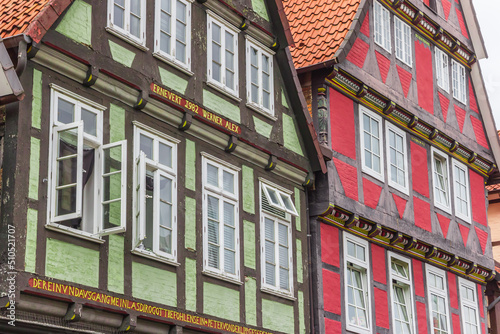 Facades of colorful traditional houses in Celle, Germany