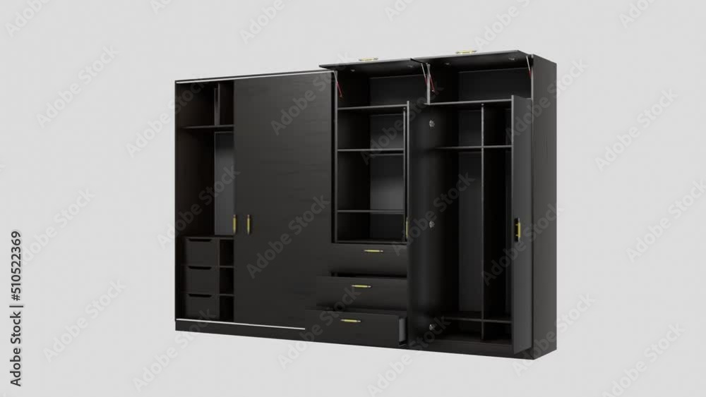 Modern wardrobe in dark wood. Animation of opening and closing doors. Furniture manufacturing. 3d animation Modern wardrobe in dark wood. Animation of opening and closing doors. Furniture manufacturing. 3d animation