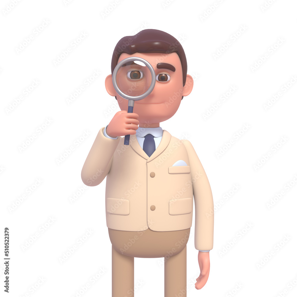 3d render of cheerful businessman holding magnifying glass 3d render of cheerful businessman holding magnifying glass
