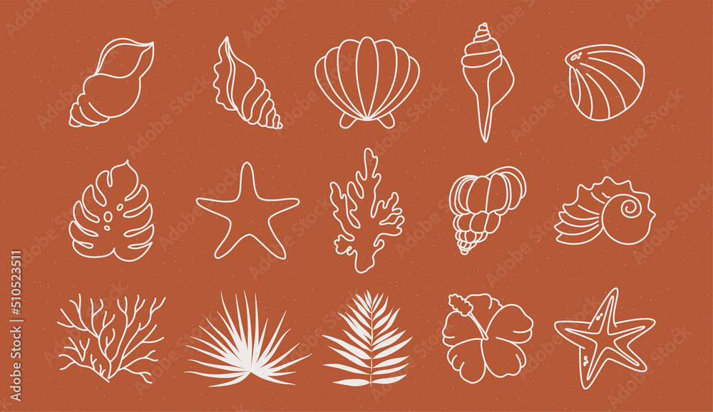 Summer icons set with corals, palm leaves and seashells. Cute sea, ocean and brown background with sand. For social media, accommodation rental and travel services. Summer icons set with corals, palm leaves and seashells. Cute sea, ocean and brown background with sand. For social media, accommodation rental and travel services.