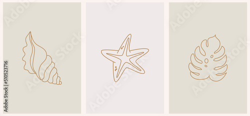 Abstract summer logo template with palm trees and seashells. Modern minimal set of linear icons and emblems for social media, accommodation rental and travel services.