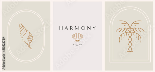 Abstract summer logo template with palm trees and seashells. Modern minimal set of linear icons and emblems for social media, accommodation rental and travel services.