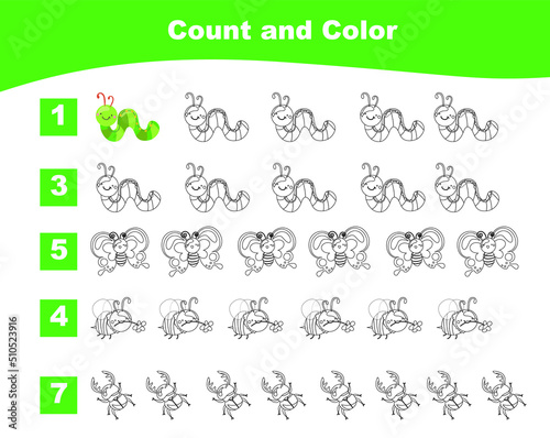 Count and Color worksheet for children. Educational printable about animals. Vector illustrations.