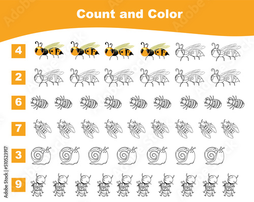 Count and Color worksheet for children. Educational printable about animals. Vector illustrations.