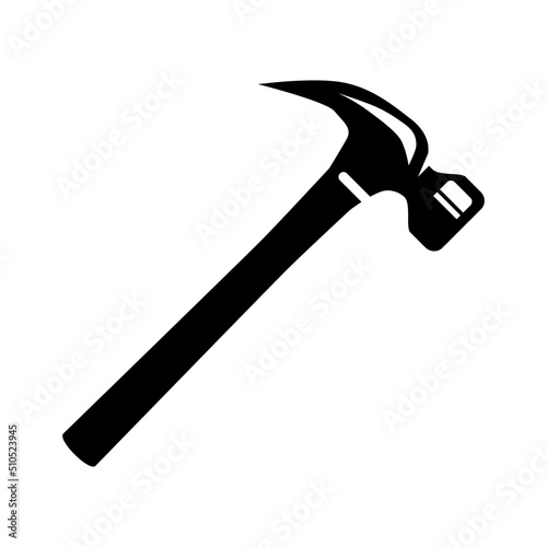 Hammer icon. A working tool. A symbol of construction and repair. Black silhouette of a hammer isolated on a white background. Vector illustration for design and web.