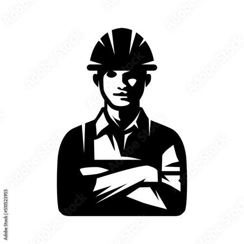 The icon is a working man. Avatar of the builder. A black silhouette of a portrait of a man in a construction helmet with his arms crossed on his chest. Vector illustration isolated.