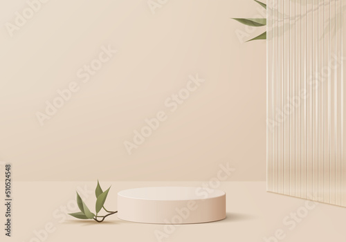 3d background products display podium scene with palm leaf geometric platform. background vector 3d render with podium. stand to show cosmetic products. Stage showcase on pedestal display biege studio