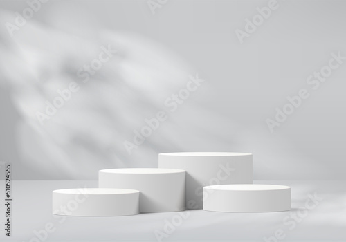 3d gray background product display podium scene with leaf geometric platform. grey background vector 3d render with podium. stand to show cosmetic product. Stage showcase on pedestal display white