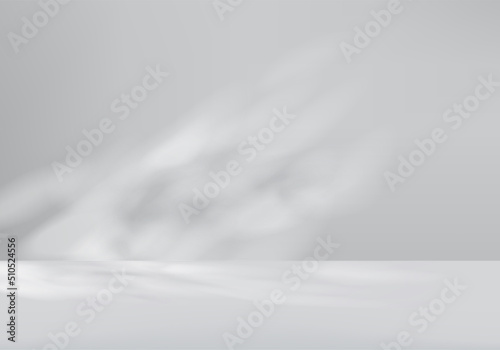 3d gray background product display podium scene with leaf shadow platform. grey background vector 3d render with podium. stand to show cosmetic product. Stage showcase on pedestal display white