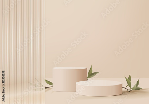 3d background products display podium scene with palm leaf geometric platform. background vector 3d render with podium. stand to show cosmetic products. Stage showcase on pedestal display biege studio