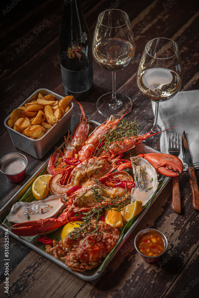 Lobsters dinner on Served Table, Restaurant seafood