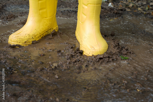 Farmer boot shoes  and equipment in the wet  soil  when after raining