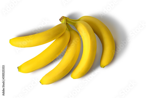Bananas five pieces on a white isolated background, top view. Banana image for your business