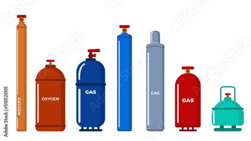 Set of multicolored gas cylinders in cartoon style. Vector illustration of cylinders gas, air, fuel, propane and butane.