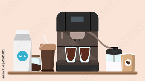 Coffee maker with coffee in cartoon style. Vector illustration of delicious and appetizing homemade coffee with milk in a glass and paper cup.