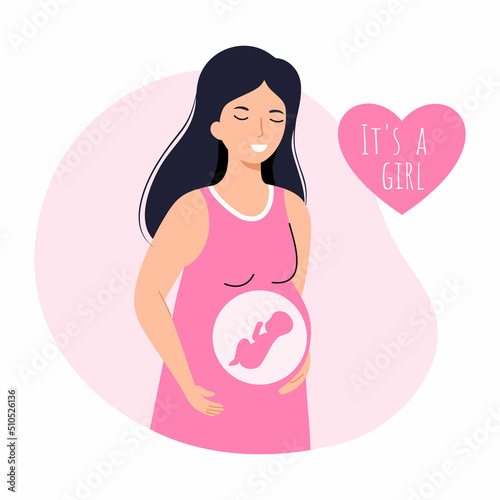 Happy pregnant woman in pink dress. Waiting for birth of girl. Gender Party.