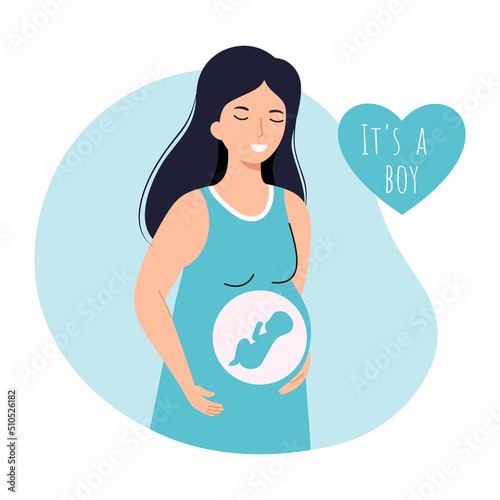 Happy pregnant woman in blue dress. Waiting for birth of boy. Gender Party.