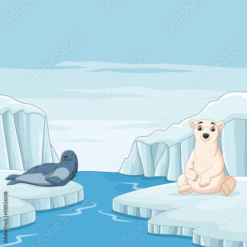 Cartoon seal with polar bear in arctic background