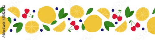 Fruit and berries seamless border. Cherry, lemon, leaf and bilberry on white background