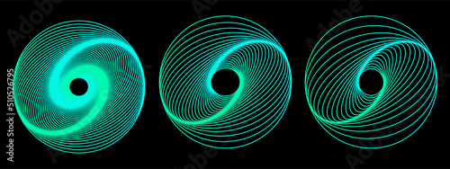 Set of 3D twisted gradient spirals. Geometry tunnel with lines. Abstract technology circle. Vector illustration.