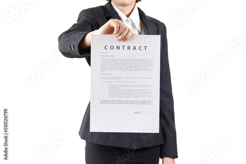 Business woman holding contract document on white background. Young female business worker showing contract paper. Business working recruitment concept.