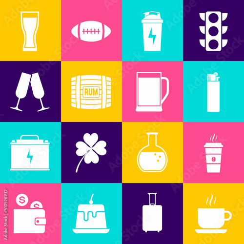 Set Coffee cup, , Lighter, Fitness shaker, Wooden barrel with rum and Glasses champagne icon. Vector