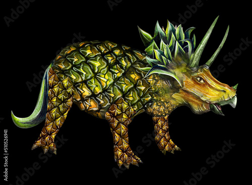 An original combination of pineapple fruit and Triceratops dinosaur. Watercolor drawing on a black background. photo