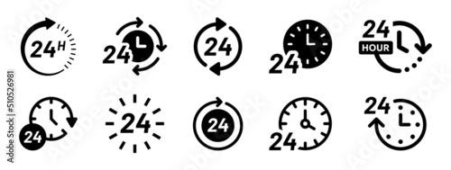 24-hour time icon vector set. Twenty-four hours clock symbol collection. 24h open all day service concept.