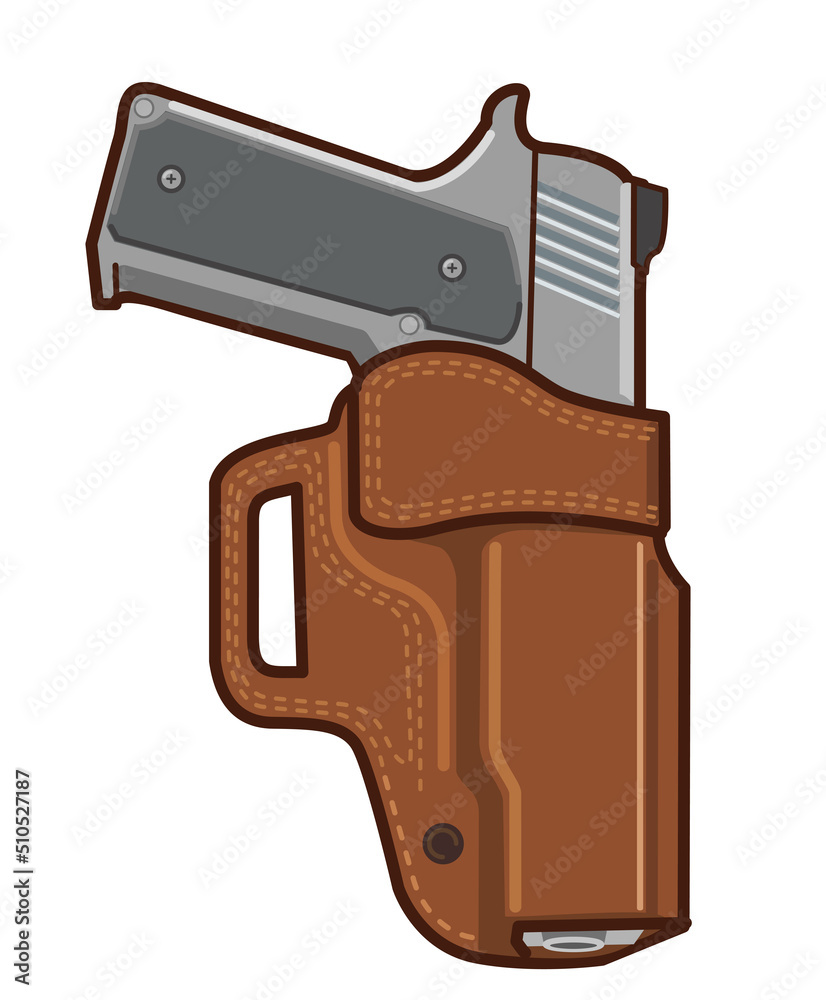 pistol in leather holster, vector illustration isolated on white Stock