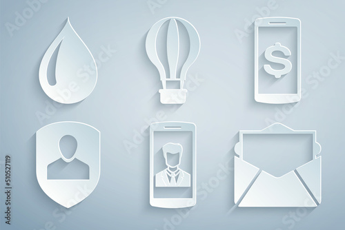Set Smartphone with contact, dollar, User protection, Mail and e-mail, Hot air balloon and Water drop icon. Vector