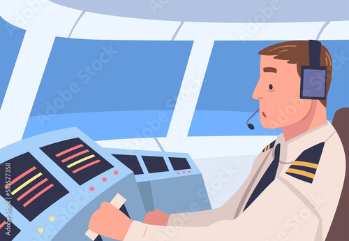 Man Aircraft Pilot or Aviator Sitting Inside Airplane Cabin at Control Panel Vector Illustration