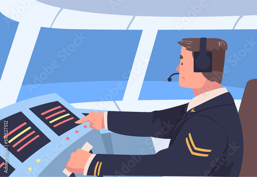 Man Aircraft Pilot or Aviator Sitting Inside Airplane Cabin at Control Panel Vector Illustration