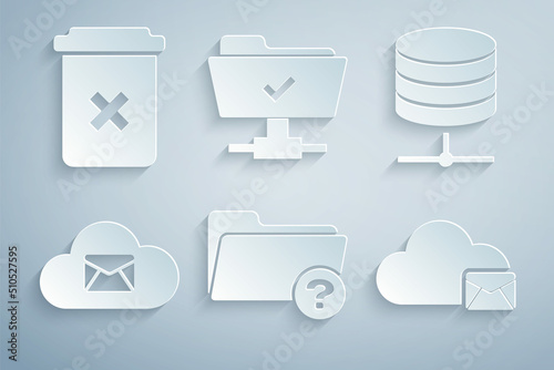 Set Unknown directory, Server, Data, Web Hosting, Cloud mail server, , FTP operation successful and Trash can icon. Vector