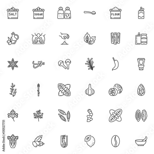 Spices and condiments line icons set