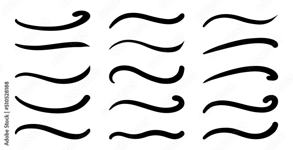 Swoosh, swash underline stroke set. Hand drawn swirl swoosh underline calligraphic element. Vector illustration. Swoosh, swash underline stroke set. Hand drawn swirl swoosh underline calligraphic element. Vector illustration.
