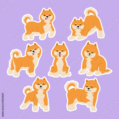 Set of cute shiba inu dogs stickers in different poses. Funny japanese smiling animals. Hand drawn colored vector illustration isolated on white background. Modern trendy flat cartoon style.