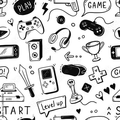 Video game hand drawn doodle seamless pattern. Video gamer console, joystick, controller element. Computer retro, arcade play background, wallpaper, pattern. Vector illustration.