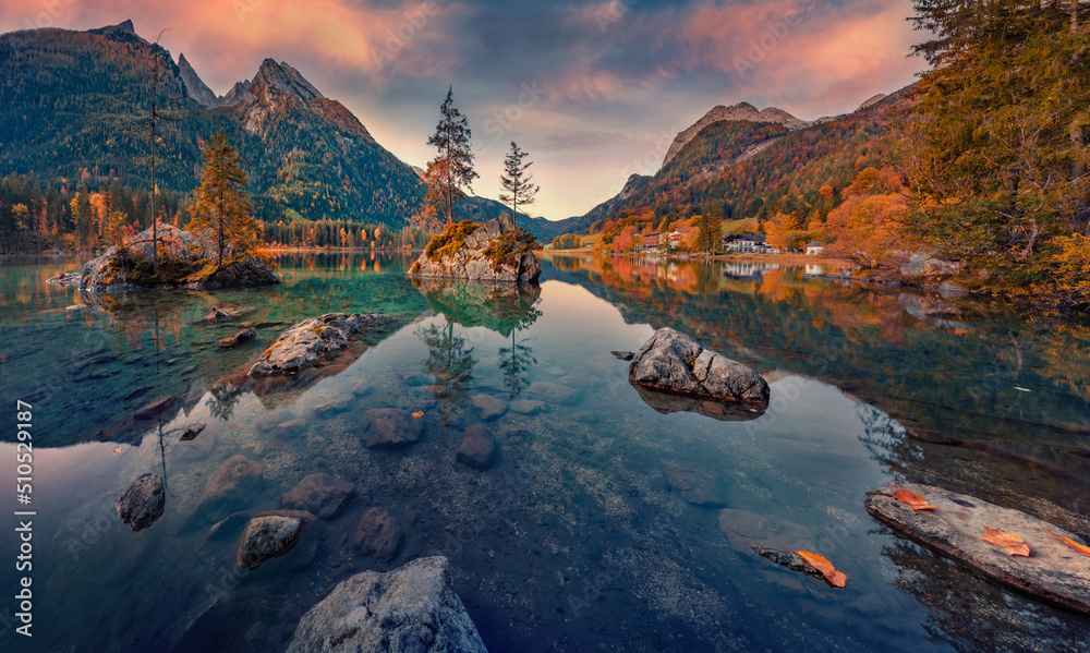 Captivating autumn view of Hintersee lake with Hochkalter peak on background, Germany, Europe. Majestic morning view of Bavarian Alps. Beauty of nature concept background.