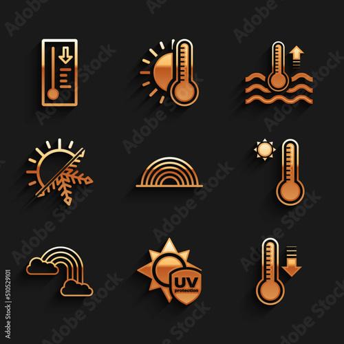 Set Rainbow, UV protection, Meteorology thermometer, with clouds, Sun and snowflake, Water and icon. Vector
