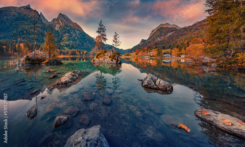 Captivating autumn view of Hintersee lake with Hochkalter peak on background  Germany  Europe. Majestic morning view of Bavarian Alps. Beauty of nature concept background.