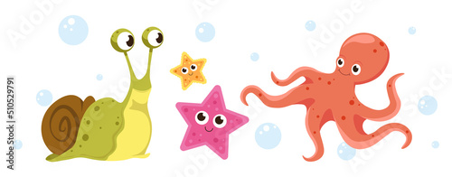 Set of multicolored marine inhabitants in cartoon style. Vector illustration of charming characters snail, starfish, octopus with bubbles around.