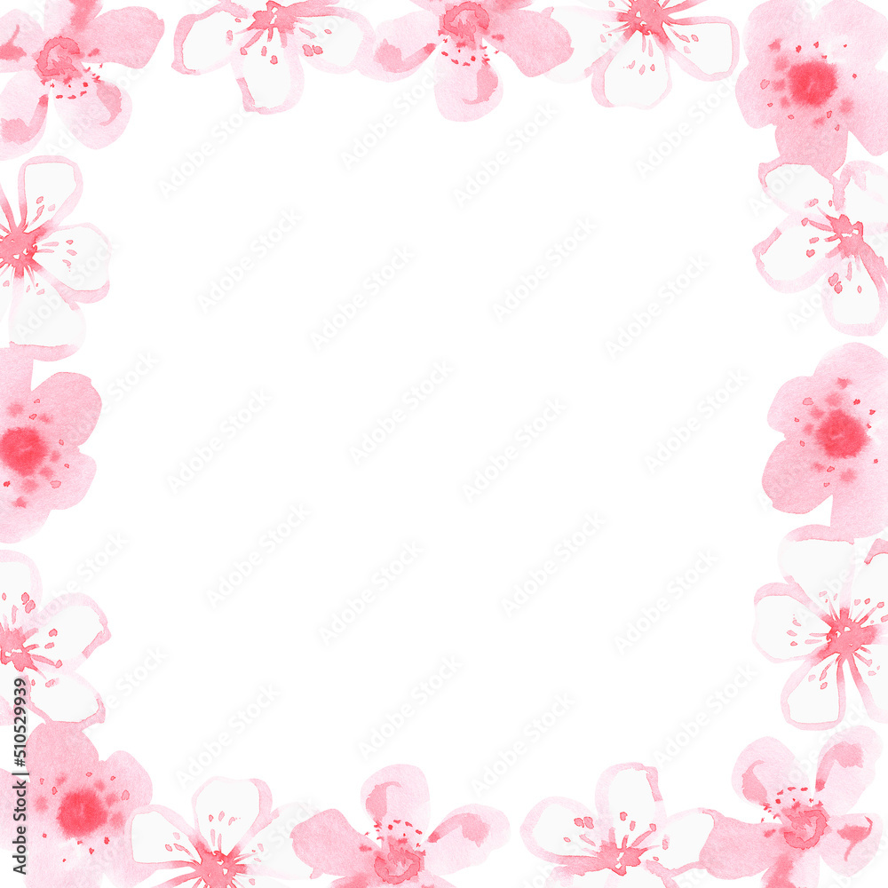 A square frame of pink flowers. Watercolor illustration. Isolated on a white background. For design.