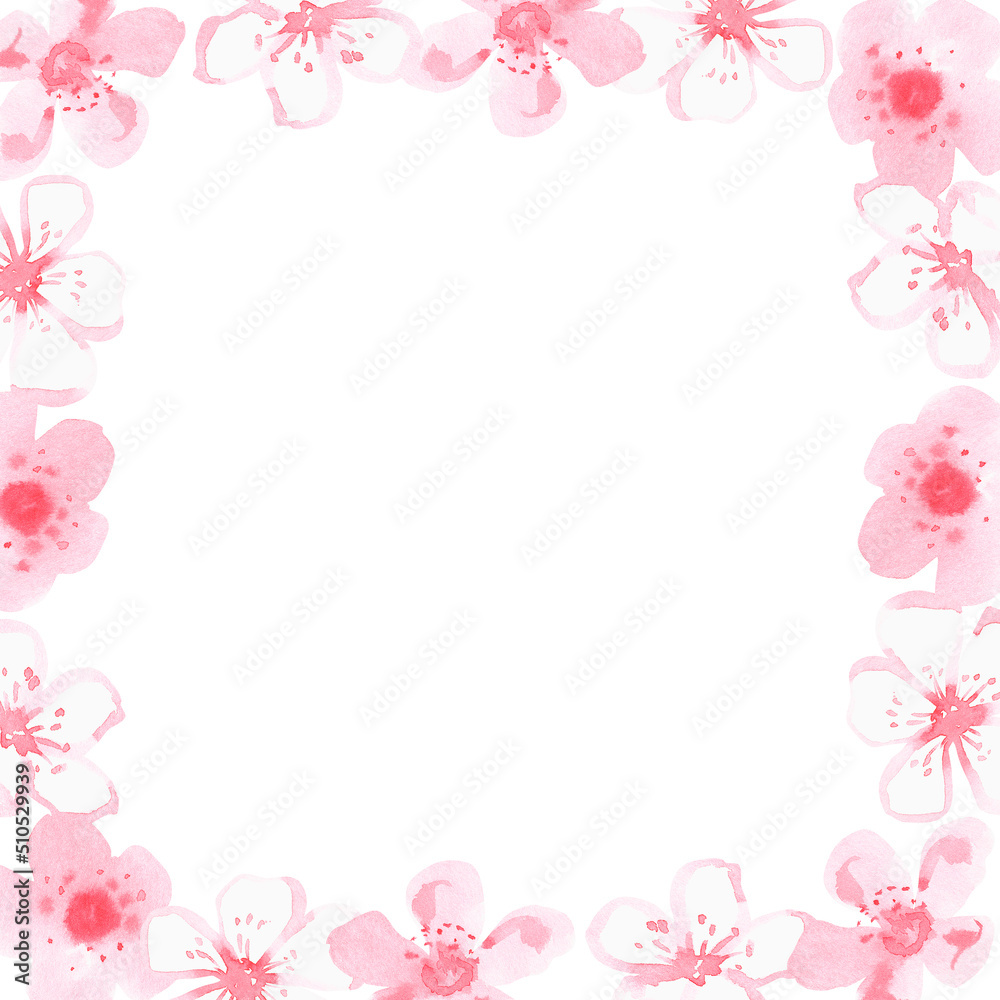 A square frame of pink flowers. Watercolor illustration. Isolated on a white background. For design. A square frame of pink flowers. Watercolor illustration. Isolated on a white background. For design.