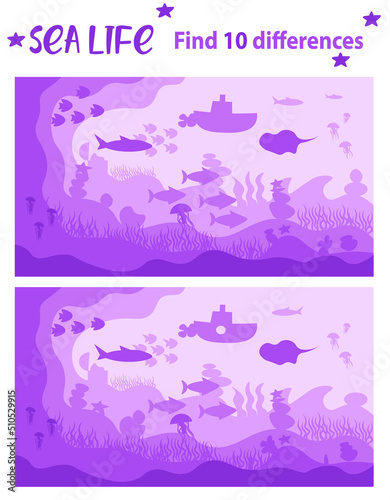 The submarine explores the depths of the sea. Marine life swims at the bottom of the sea. Find 10 differences. Educational game for children. Cartoon vector illustration
