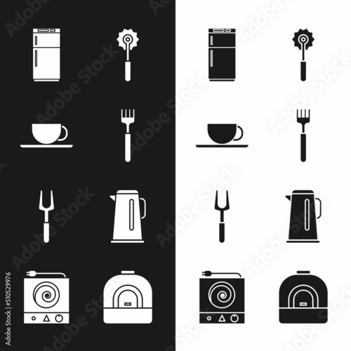 Set Fork, Coffee cup, Refrigerator, Pizza knife, Barbecue fork, Kettle with handle, Oven and Electric stove icon. Vector