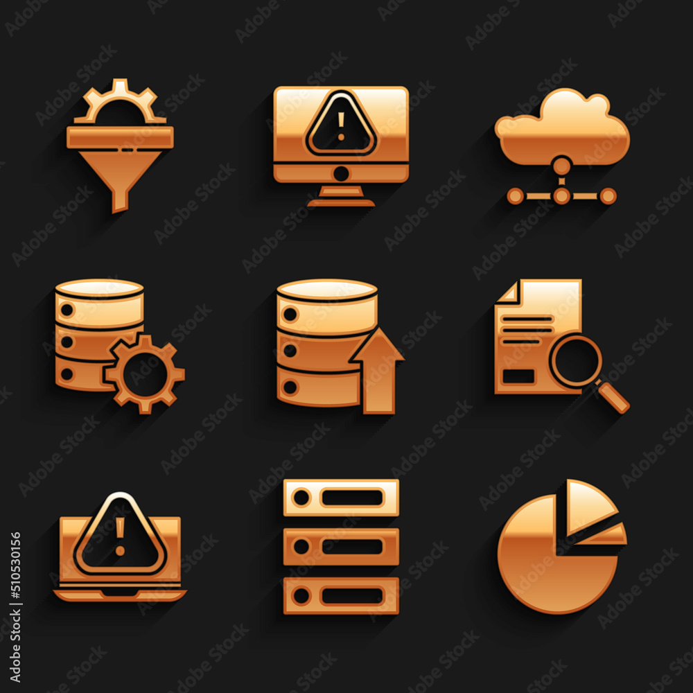 Set Server, Data, Web Hosting, Pie chart infographic, Document with search, Laptop exclamation mark, and gear, Network cloud connection and Sales funnel icon. Vector Set Server, Data, Web Hosting, Pie chart infographic, Document with search, Laptop exclamation mark, and gear, Network cloud connection and Sales funnel icon. Vector