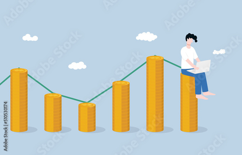 Freelance or being your own boss, flexible working hour, unpredictable income, work from anywhere concept. Relaxed man working with laptop computer on income stack as different from previous one.